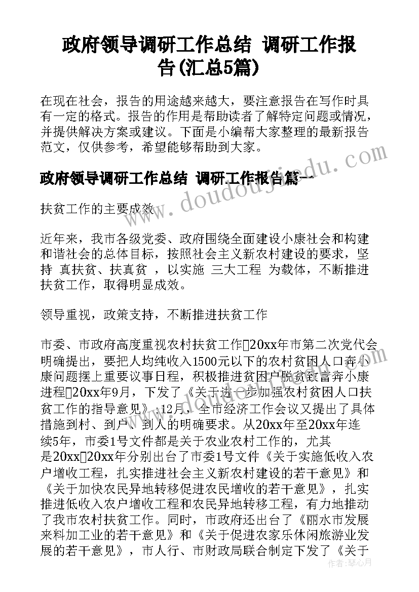 政府领导调研工作总结 调研工作报告(汇总5篇)