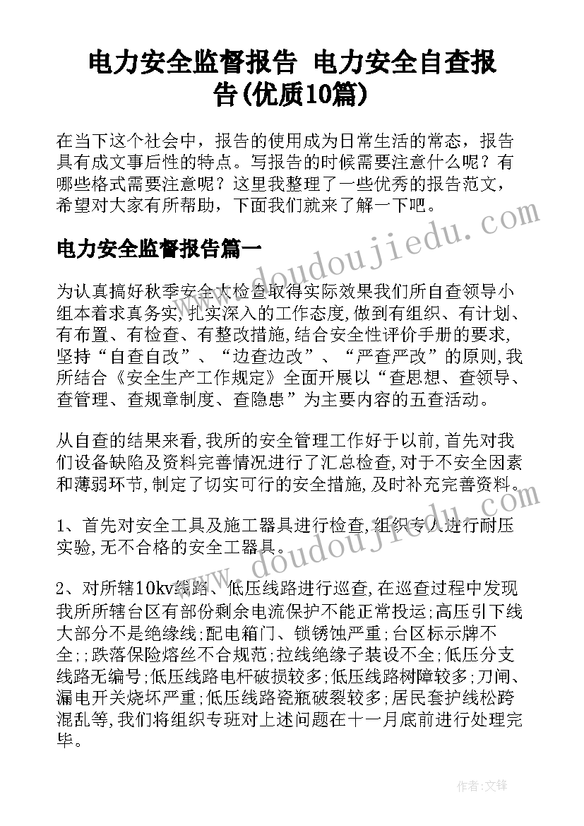 电力安全监督报告 电力安全自查报告(优质10篇)