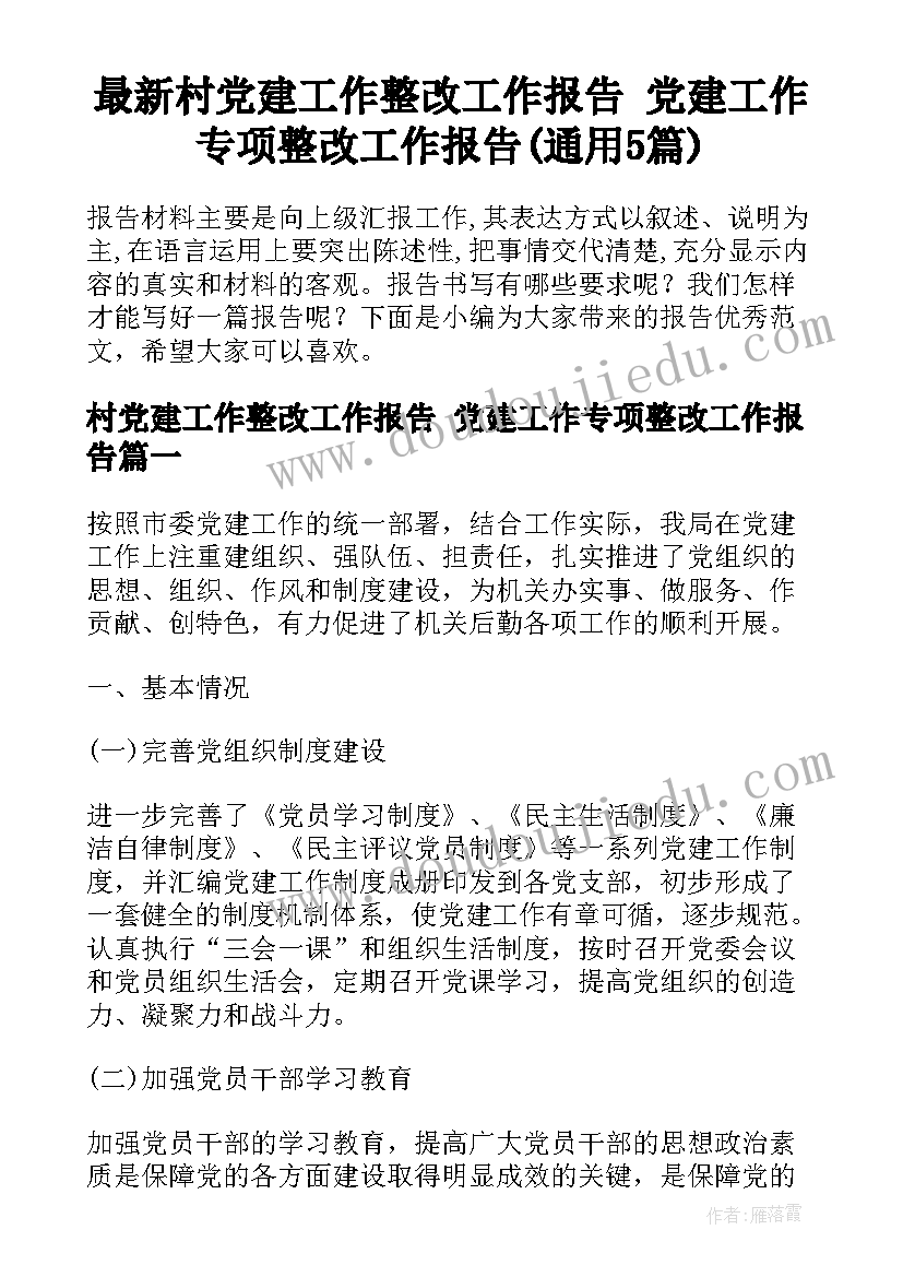 最新村党建工作整改工作报告 党建工作专项整改工作报告(通用5篇)