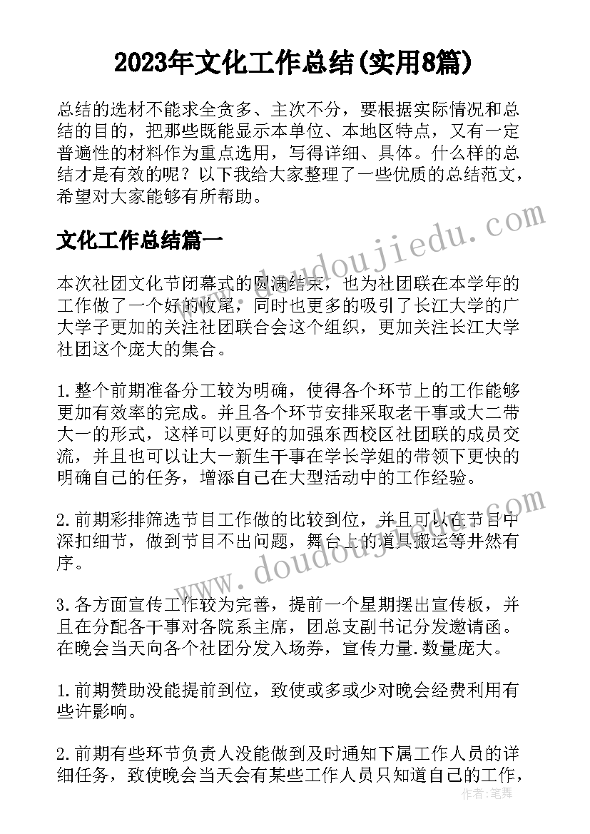 2023年文化工作总结(实用8篇)