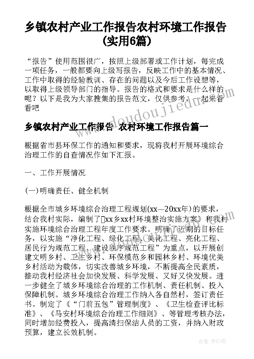 乡镇农村产业工作报告 农村环境工作报告(实用6篇)