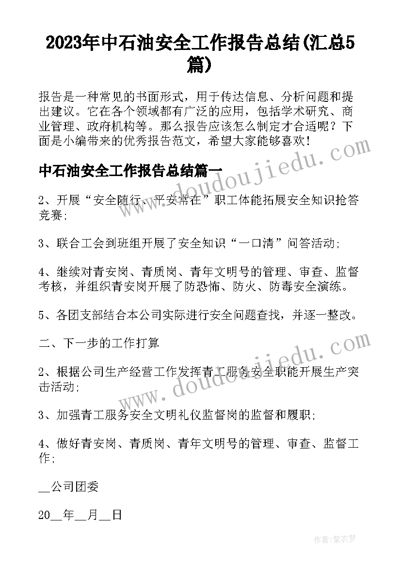 2023年中石油安全工作报告总结(汇总5篇)