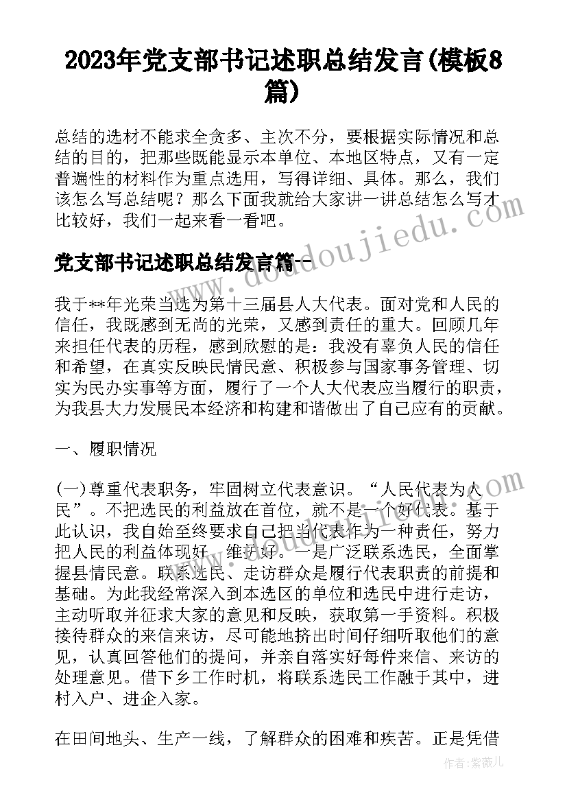 2023年党支部书记述职总结发言(模板8篇)