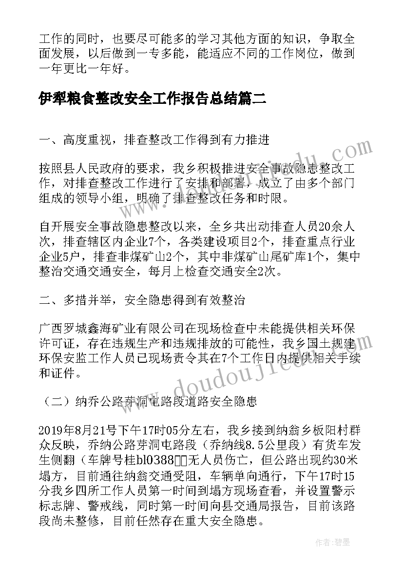 伊犁粮食整改安全工作报告总结(优秀9篇)