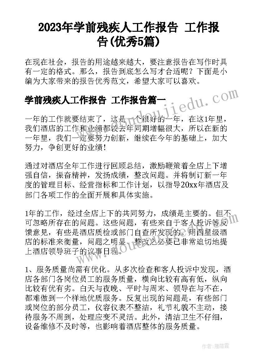 2023年学前残疾人工作报告 工作报告(优秀5篇)