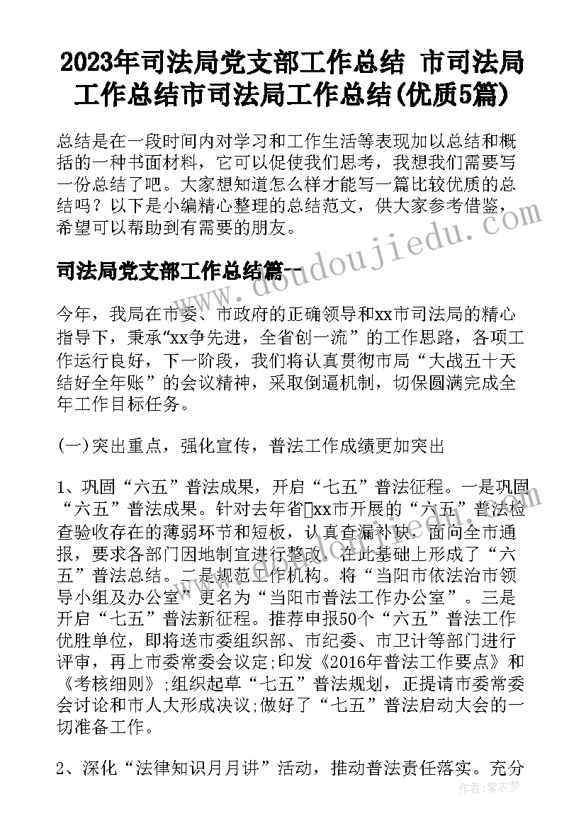 2023年司法局党支部工作总结 市司法局工作总结市司法局工作总结(优质5篇)