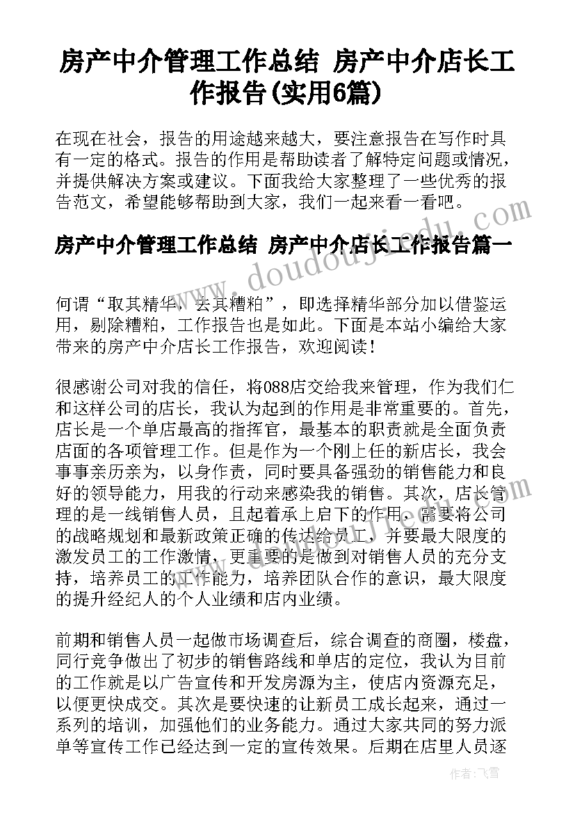 房产中介管理工作总结 房产中介店长工作报告(实用6篇)