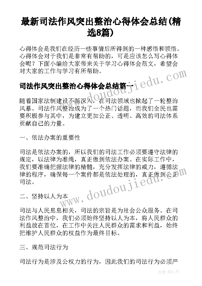 最新司法作风突出整治心得体会总结(精选8篇)