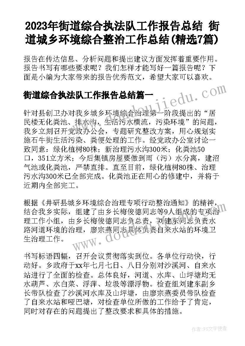 2023年街道综合执法队工作报告总结 街道城乡环境综合整治工作总结(精选7篇)