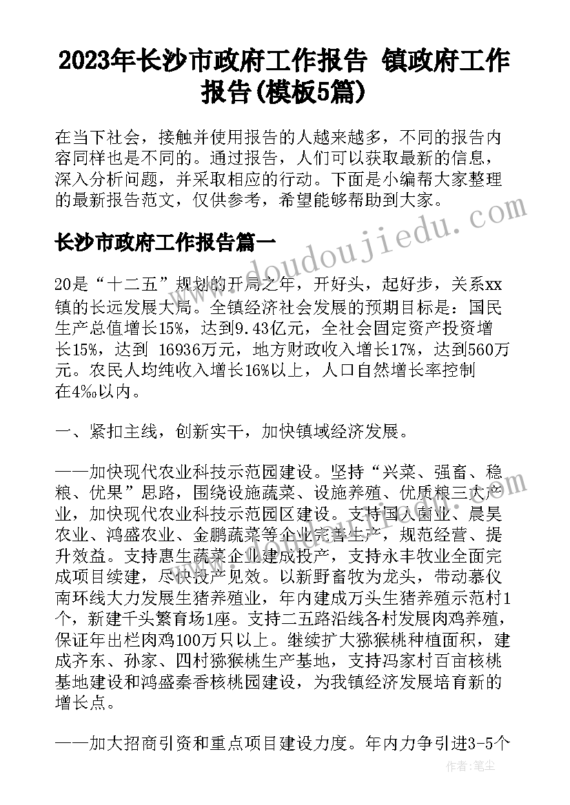 2023年长沙市政府工作报告 镇政府工作报告(模板5篇)