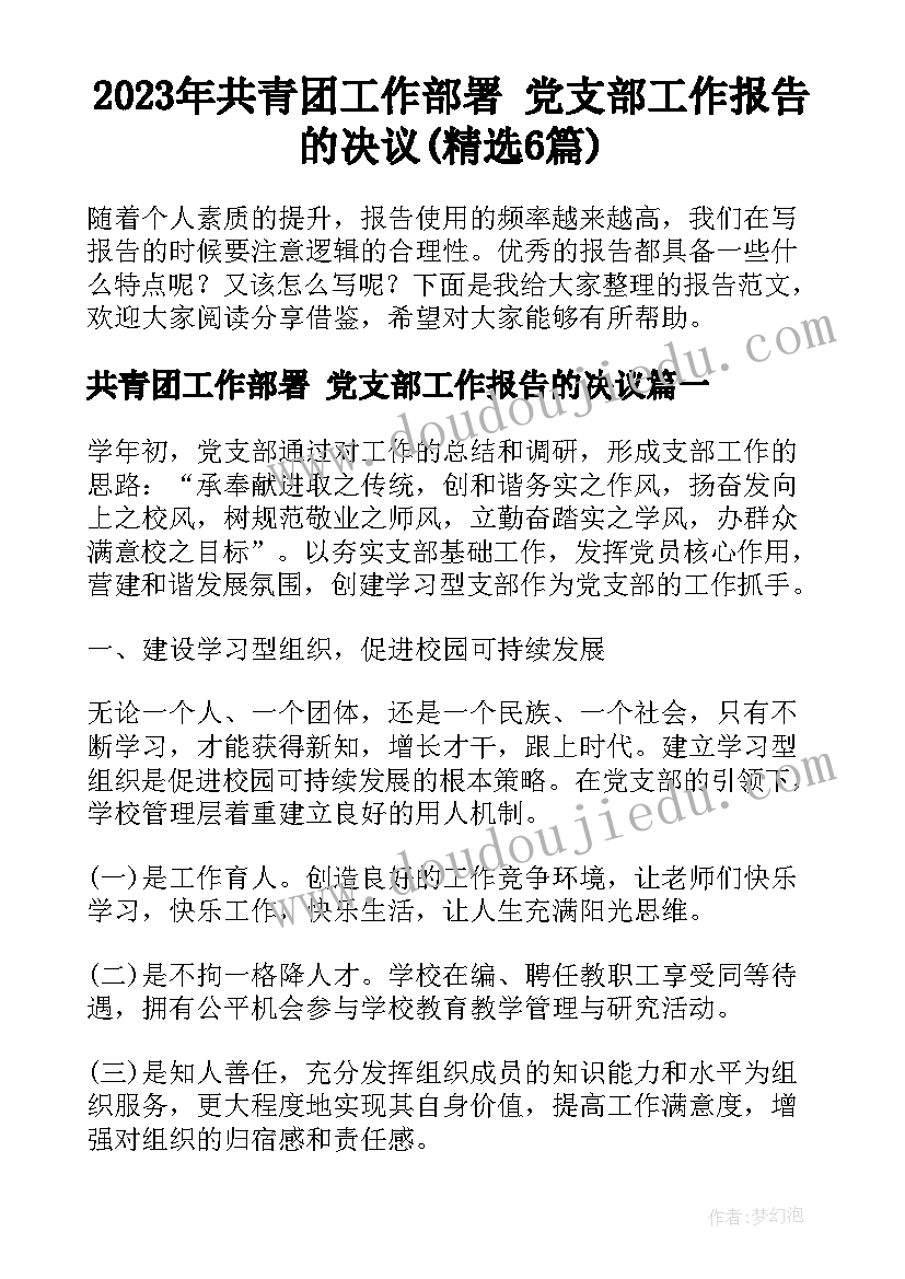 2023年共青团工作部署 党支部工作报告的决议(精选6篇)