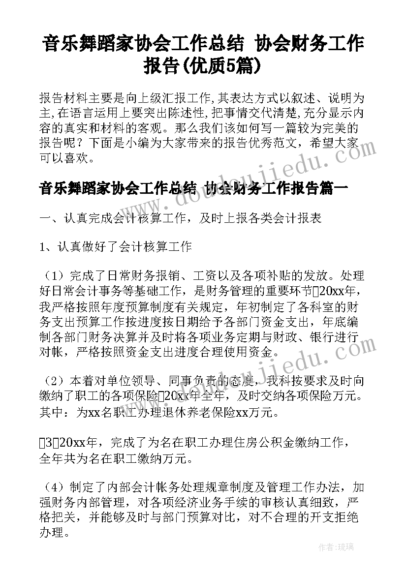 音乐舞蹈家协会工作总结 协会财务工作报告(优质5篇)