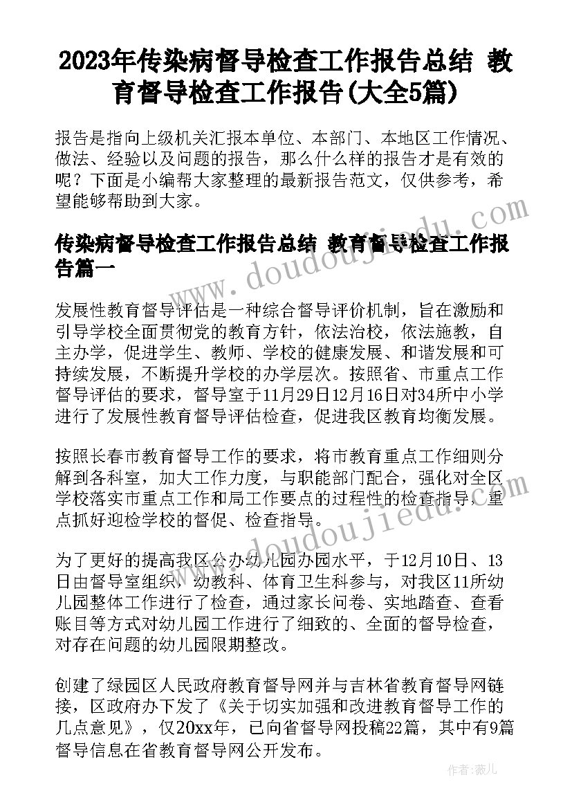 2023年传染病督导检查工作报告总结 教育督导检查工作报告(大全5篇)