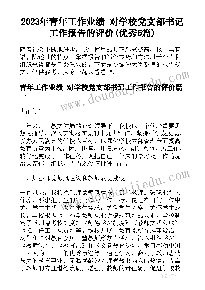 2023年青年工作业绩 对学校党支部书记工作报告的评价(优秀6篇)