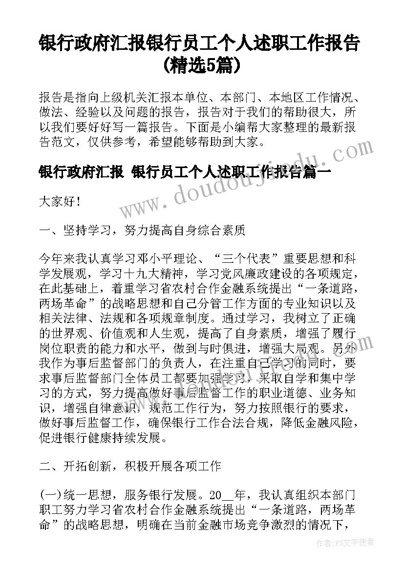 银行政府汇报 银行员工个人述职工作报告(精选5篇)