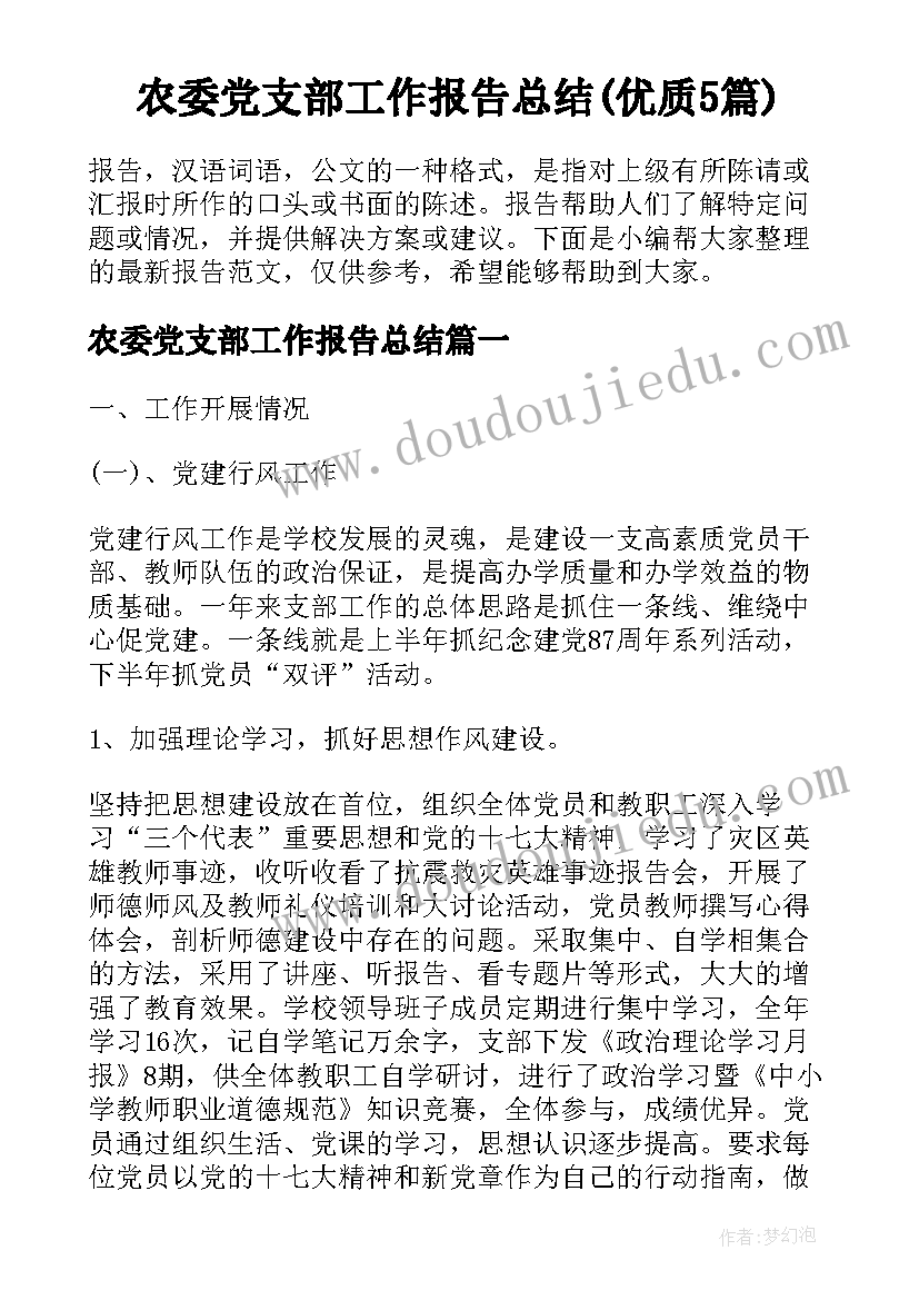 农委党支部工作报告总结(优质5篇)