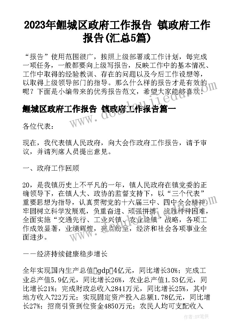 2023年鲤城区政府工作报告 镇政府工作报告(汇总5篇)