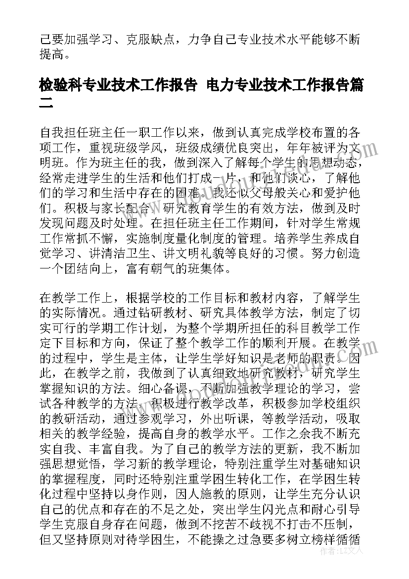 检验科专业技术工作报告 电力专业技术工作报告(模板7篇)