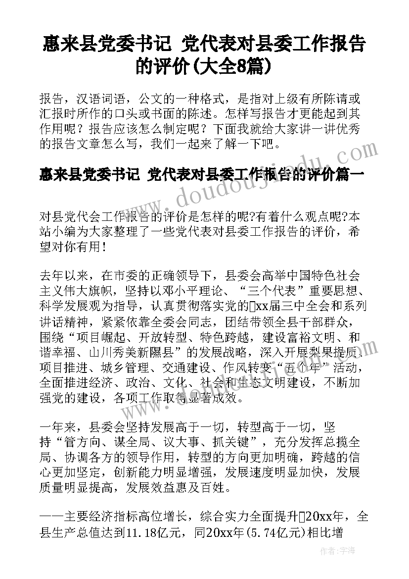 惠来县党委书记 党代表对县委工作报告的评价(大全8篇)