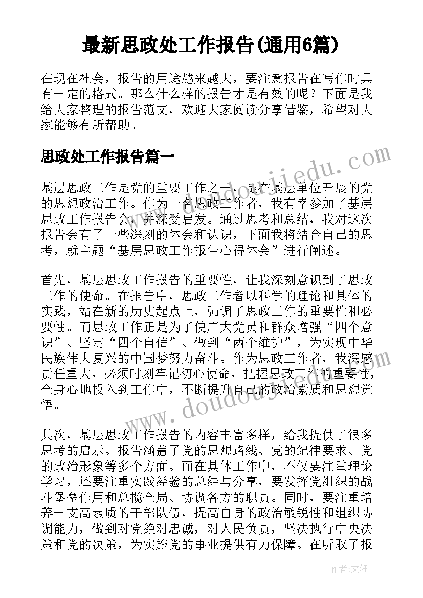 最新思政处工作报告(通用6篇)