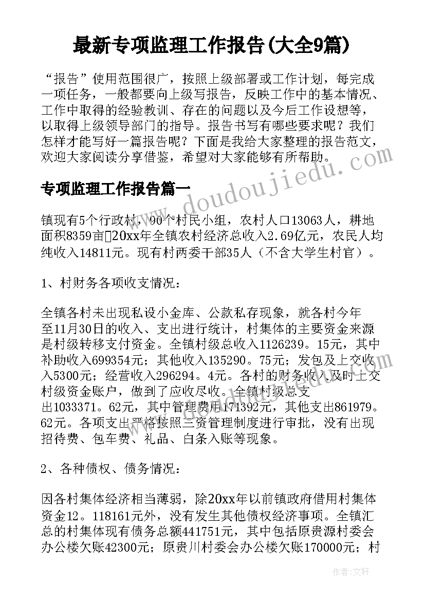 最新专项监理工作报告(大全9篇)