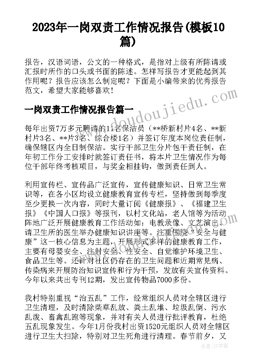 2023年一岗双责工作情况报告(模板10篇)