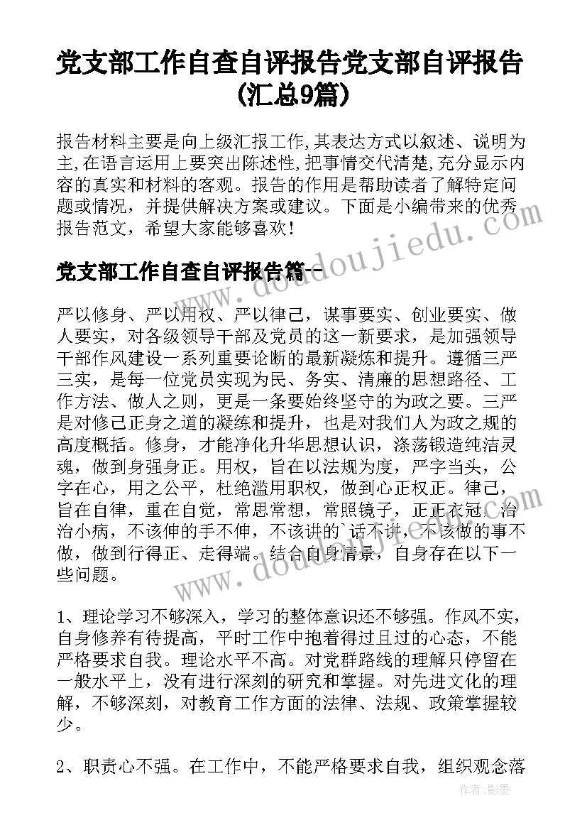 党支部工作自查自评报告 党支部自评报告(汇总9篇)