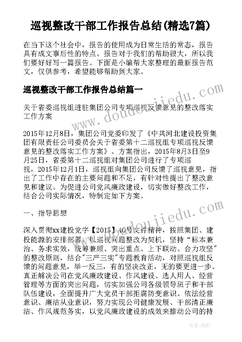 巡视整改干部工作报告总结(精选7篇)