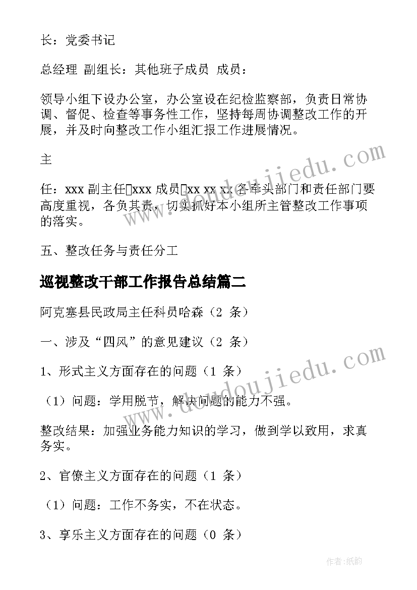 巡视整改干部工作报告总结(精选7篇)