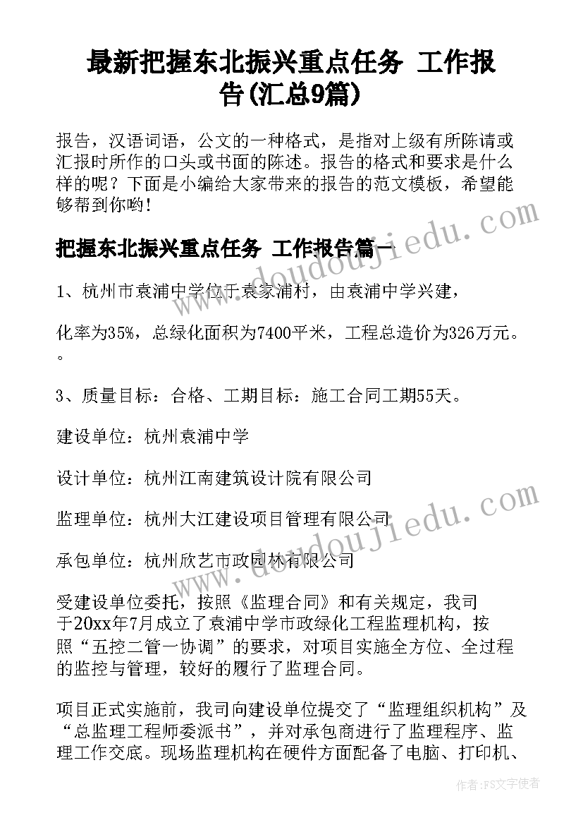 最新把握东北振兴重点任务 工作报告(汇总9篇)