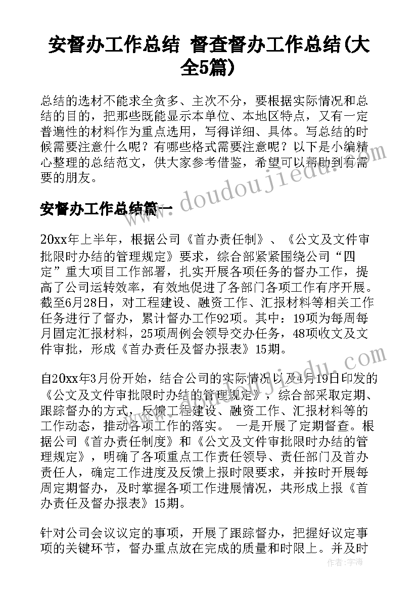 安督办工作总结 督查督办工作总结(大全5篇)