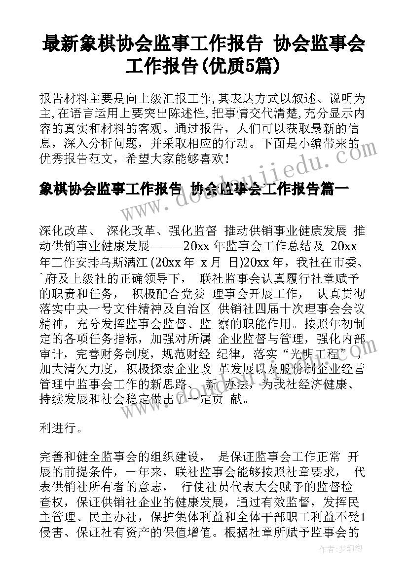 最新象棋协会监事工作报告 协会监事会工作报告(优质5篇)