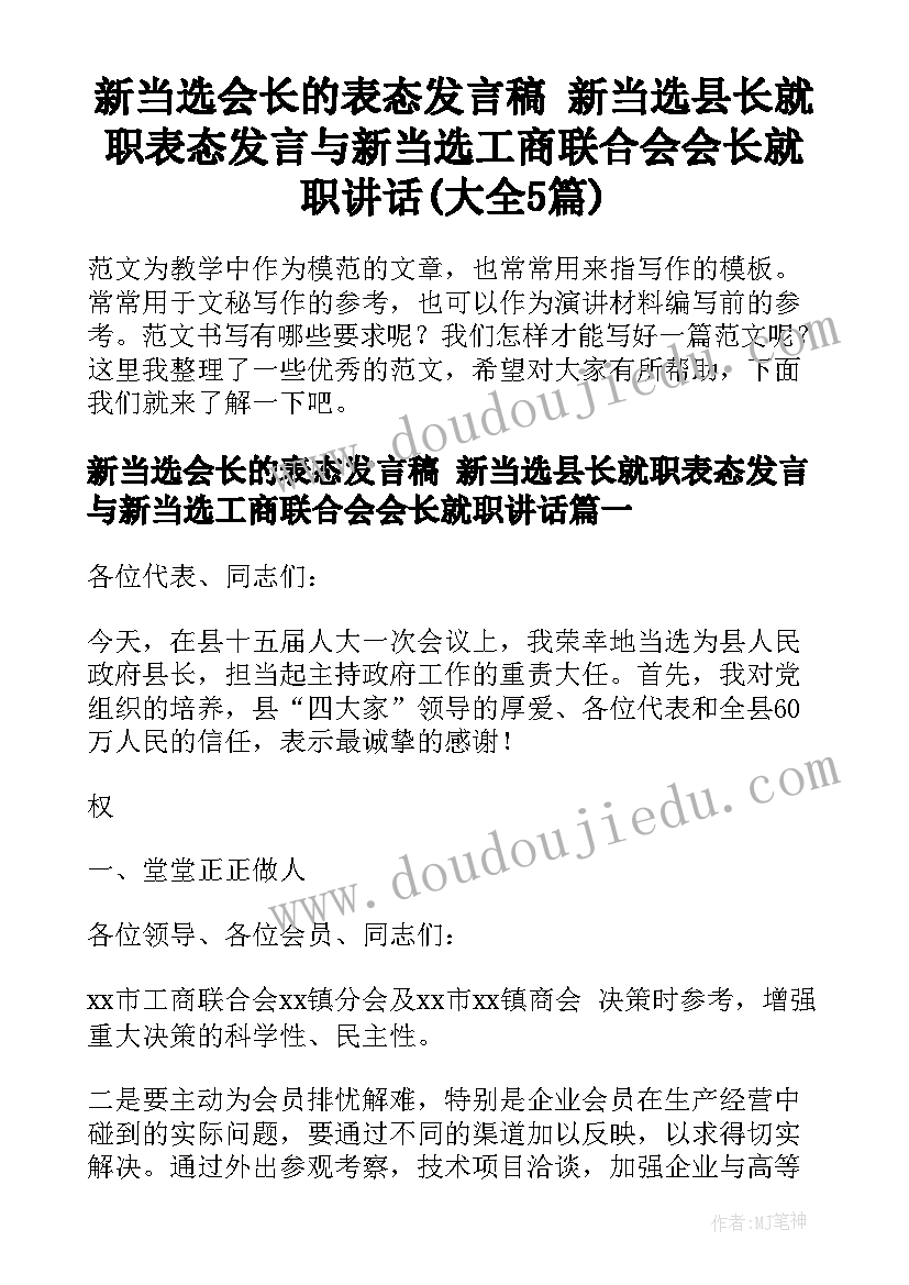 新当选会长的表态发言稿 新当选县长就职表态发言与新当选工商联合会会长就职讲话(大全5篇)