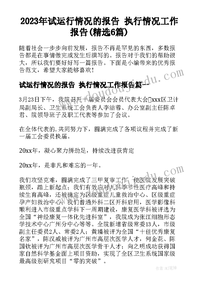 2023年试运行情况的报告 执行情况工作报告(精选6篇)