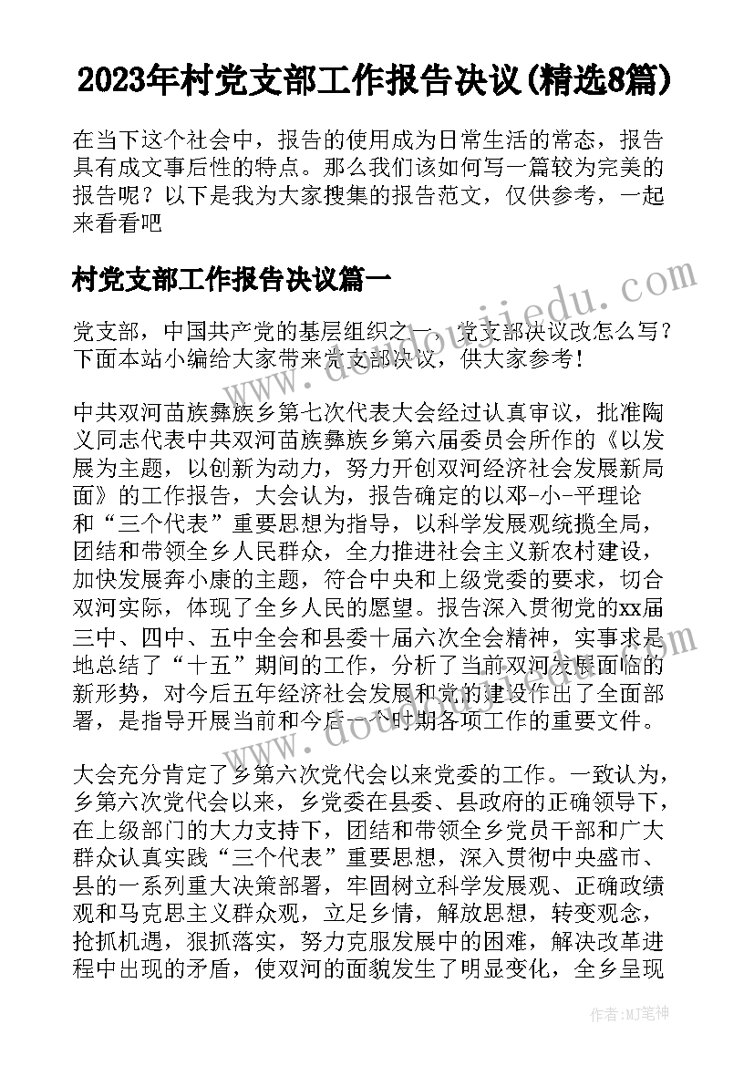 2023年村党支部工作报告决议(精选8篇)