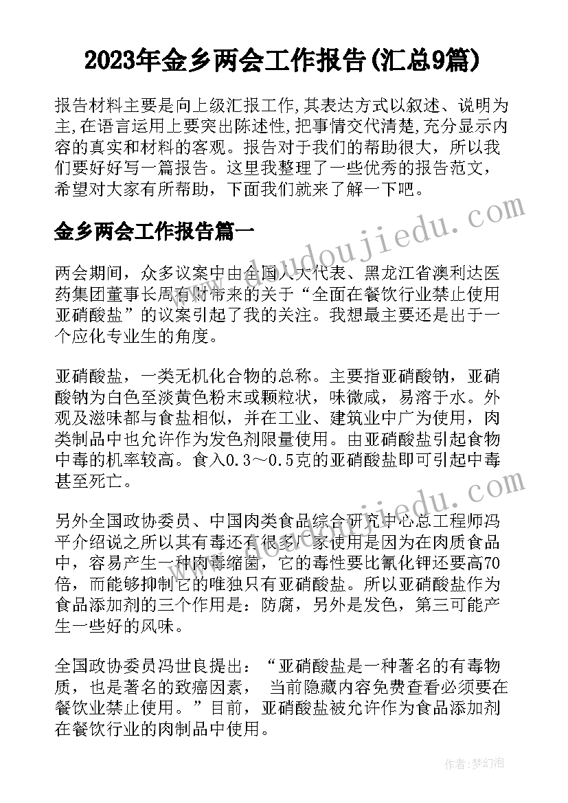 2023年金乡两会工作报告(汇总9篇)