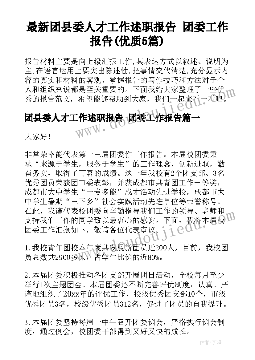 最新团县委人才工作述职报告 团委工作报告(优质5篇)