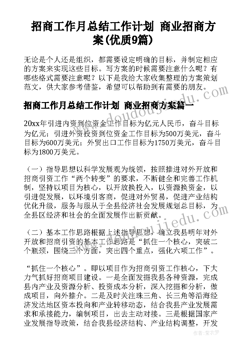 招商工作月总结工作计划 商业招商方案(优质9篇)