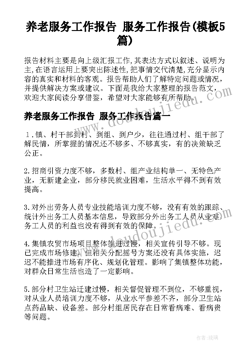 养老服务工作报告 服务工作报告(模板5篇)