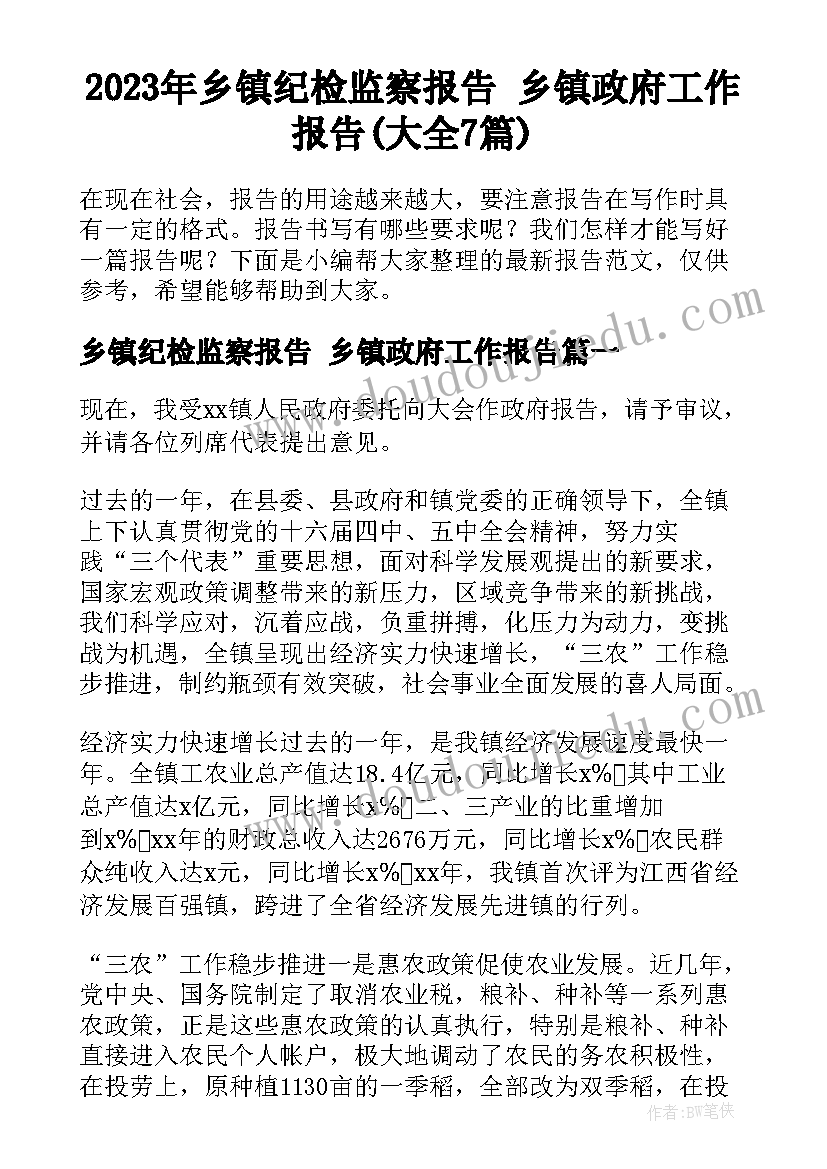 2023年乡镇纪检监察报告 乡镇政府工作报告(大全7篇)