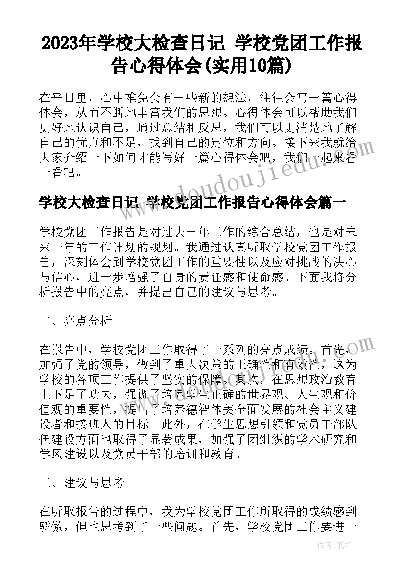 2023年学校大检查日记 学校党团工作报告心得体会(实用10篇)