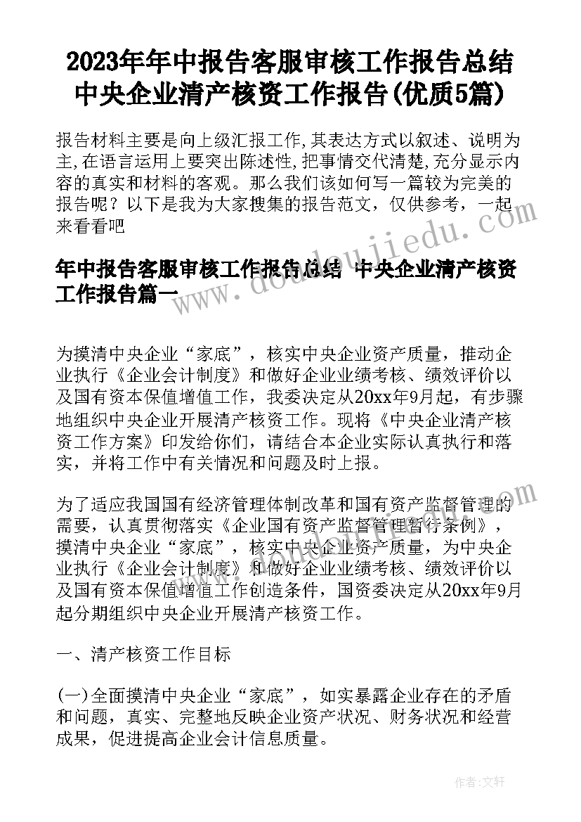 2023年年中报告客服审核工作报告总结 中央企业清产核资工作报告(优质5篇)