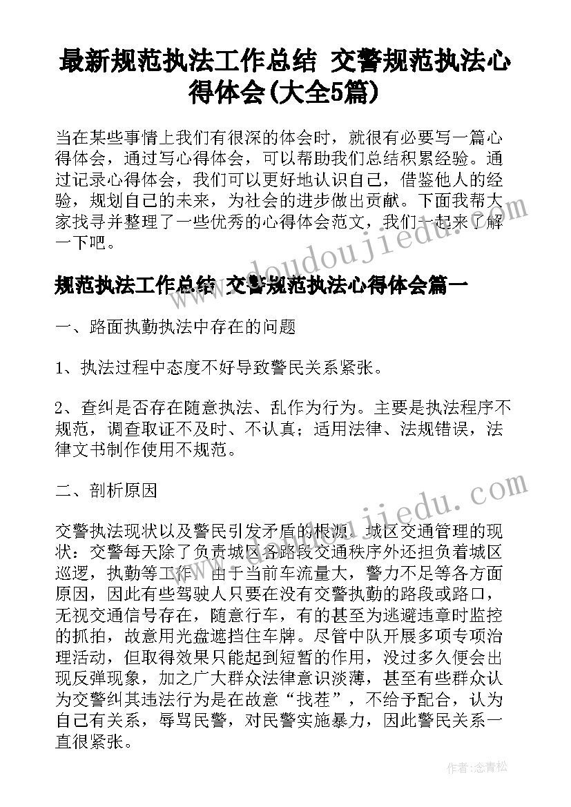 最新规范执法工作总结 交警规范执法心得体会(大全5篇)