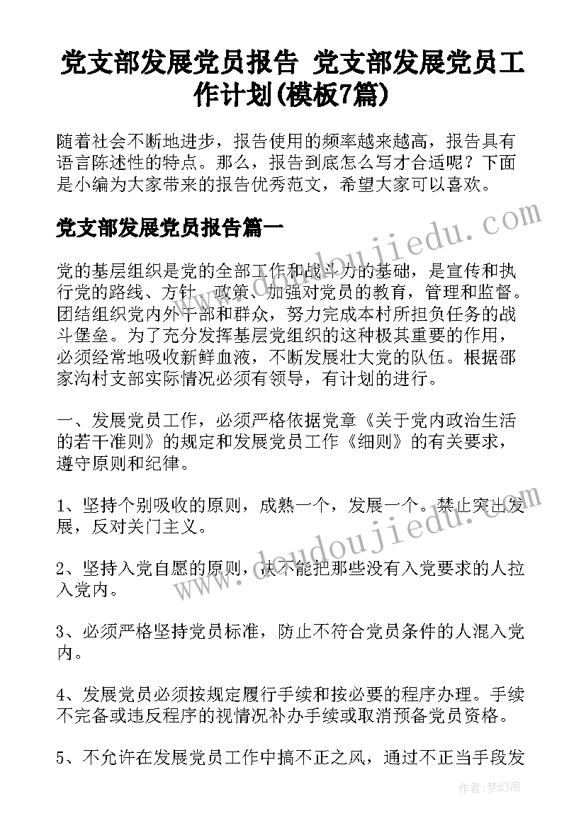 党支部发展党员报告 党支部发展党员工作计划(模板7篇)