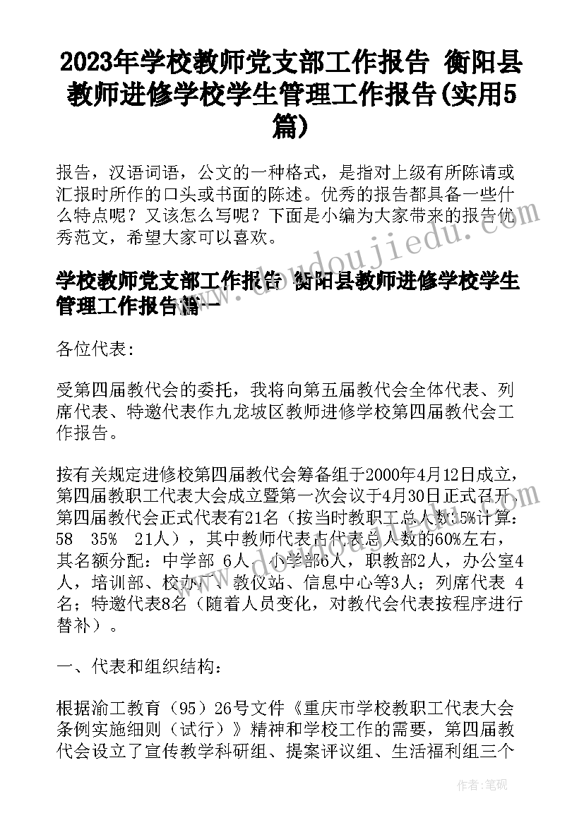 2023年学校教师党支部工作报告 衡阳县教师进修学校学生管理工作报告(实用5篇)