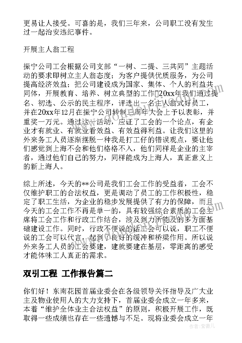 最新双引工程 工作报告(汇总9篇)