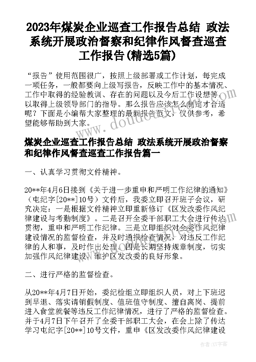 2023年煤炭企业巡查工作报告总结 政法系统开展政治督察和纪律作风督查巡查工作报告(精选5篇)