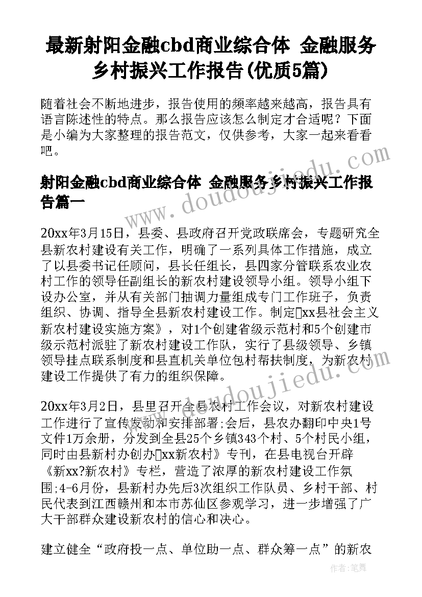 最新射阳金融cbd商业综合体 金融服务乡村振兴工作报告(优质5篇)