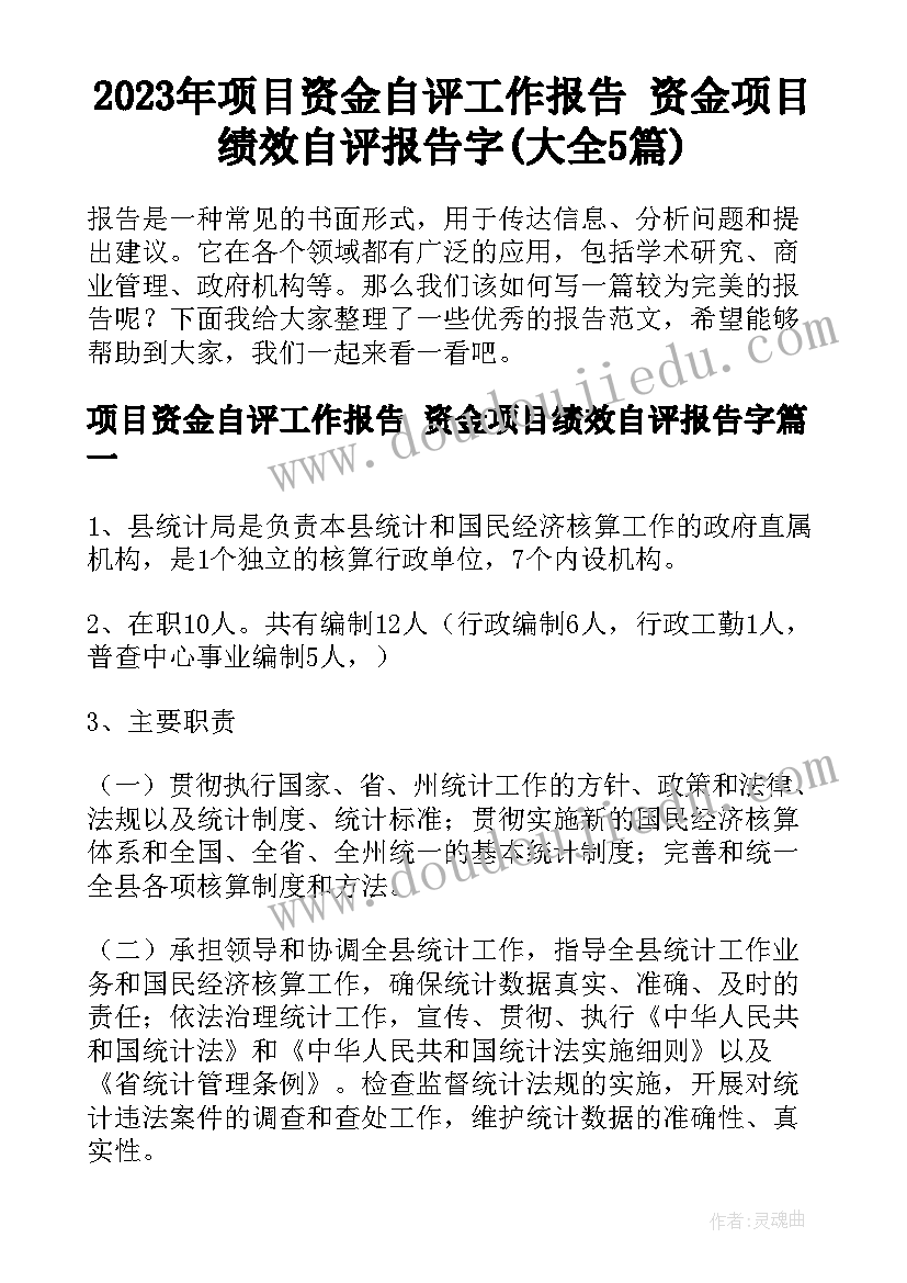 2023年项目资金自评工作报告 资金项目绩效自评报告字(大全5篇)