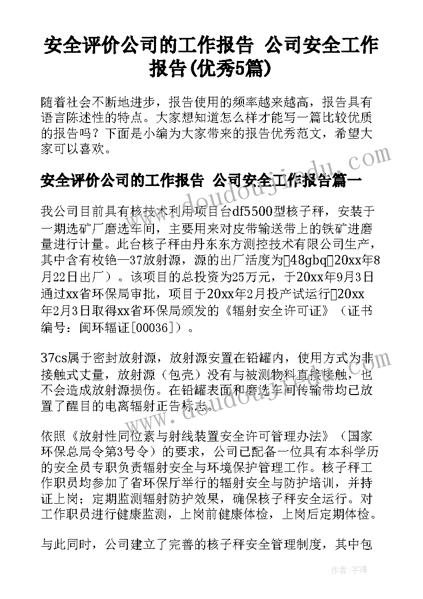 安全评价公司的工作报告 公司安全工作报告(优秀5篇)